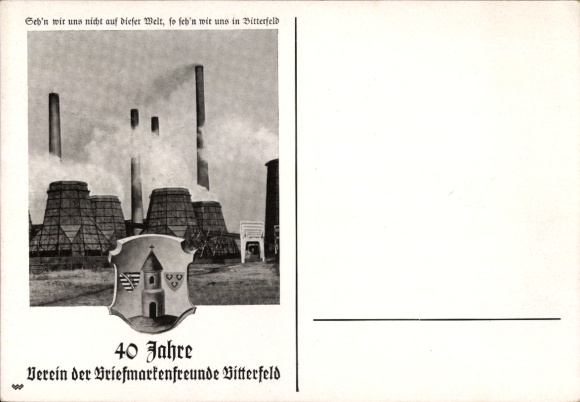 Postcard Bitterfeld in Saxony-Anhalt, industrial landscape, clouds of smoke, water towers, coat of arms of Bitt