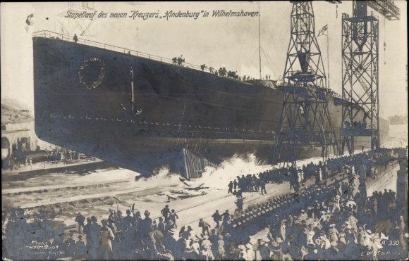 Postcard Wilhelmshaven, launching of the cruiser SMS Hindenburg, Imperial Navy