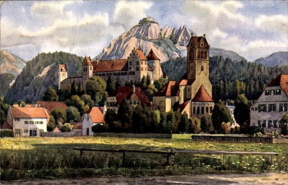 Artist Postcard Marschall, V., Füssen in the Swabian district of Ostallgäu, view of the town with Säuling