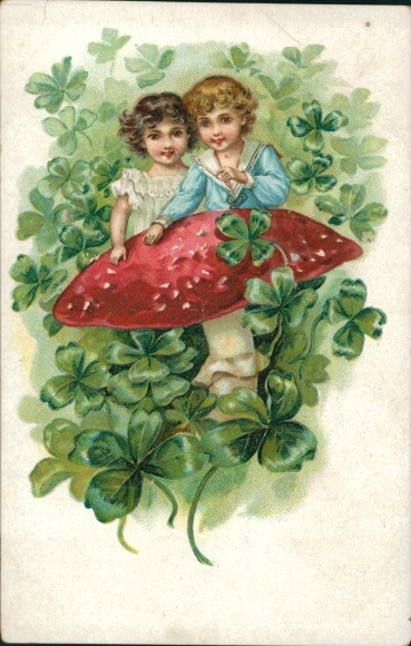 Embossed Postcard Kinder, Pilz, Glücksklee, Kitsch