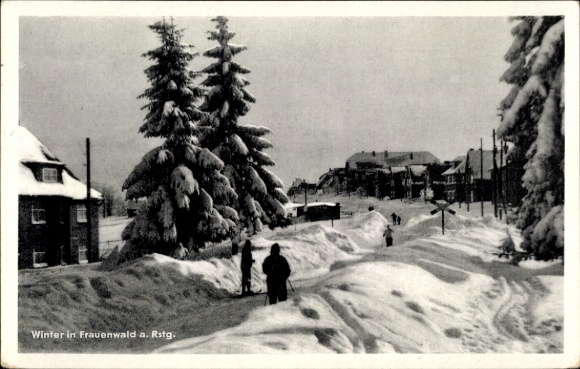 Postcard Frauenwald am Rennsteig Ilmenau in Thuringia, winter view, skiers