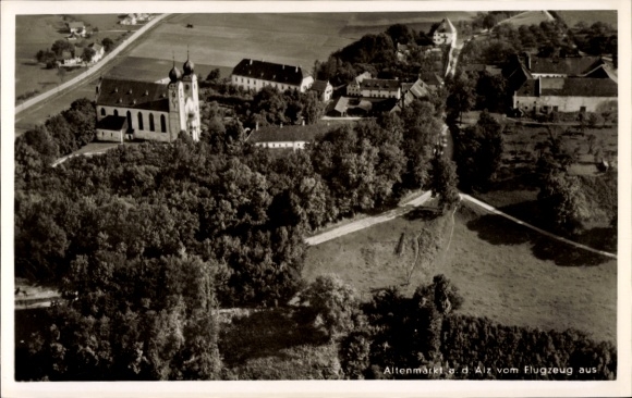 Postcard Altenmarkt an der Alz Upper Bavaria, aerial view of Altenmark, church, landscape, photography,
