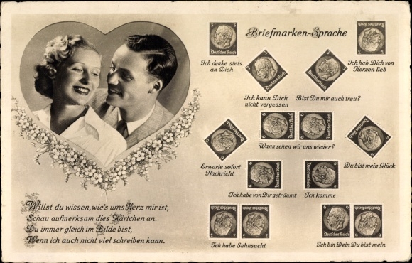 Postcard stamp language, lovers, I always think of you, BNK 36605/1