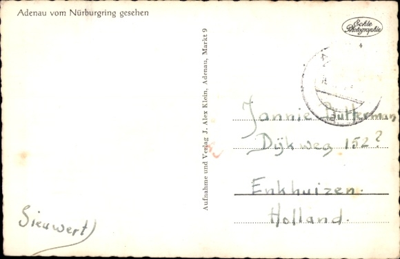 Postcard Adenau in the Eifel, landscape with many houses, forest in the background, church visible
