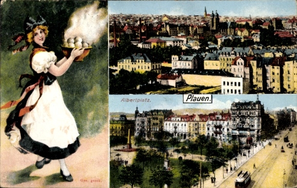 Postcard Plauen in Vogtland, woman with tray, city view, Albertplatz, historical buildings