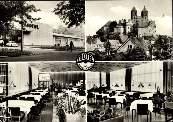 Postcard Quedlinburg im Harz, castle and cathedral, motel, exterior view and interior views