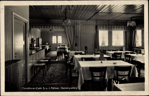 Postcard Geiselgasteig Grünwald near Munich, pastry shop and Cafe Färber, interior view