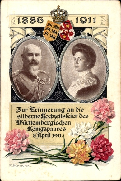 Artist Postcard Schnorr, King Wilhelm II of Württemberg, Queen Charlotte, Silver Wedding 1911, Coat of Arms