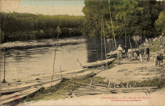 Ak Champigny sur Marne Val de Marne, Motiv: Angler, Boote, Fluss, Landschaft mit Bäumen, Menschen