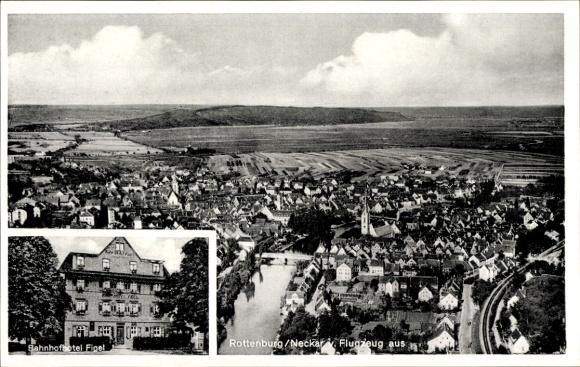 Ak Rottenburg am Neckar, Fliegeraufnahme, Bahnhofhotel Figel