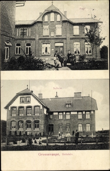 Postcard Grossenaspe in Holstein, school, post office