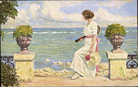Artist PC Fischer, Paul, expectant, lady with tennis racket, beach