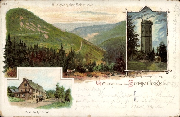 Chromo-Litho Gehlberg Suhl Thuringia, Greetings from the Schmücke, Schneekopfturm