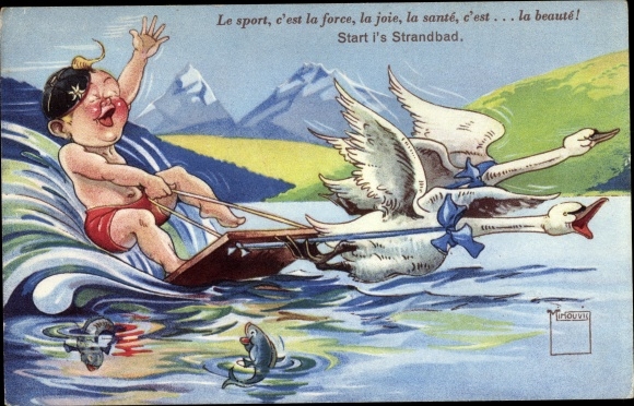 Artist Postcard boy, water skiing, swans, wave, start i&#39;s lido