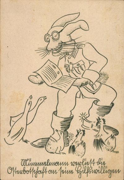 Künstler Ak Pogg, Osterhase in Wehrmachtsuniform, Mümmelmann mit seinen Hilfswilligen, 2. WK