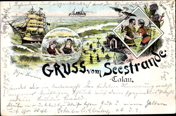 Litho Calau in Neder-Lausitz, groeten vanaf de kust, zeilschip