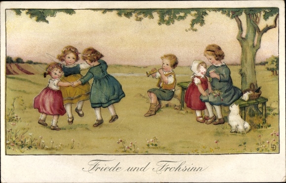 Artist Postcard Döring, Lia, peace and happiness, children in a meadow