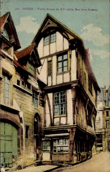 Ak Rouen Seine Maritime, Vorderansicht eines Fachwerkhauses, Rue Saint-Romain, Rouen