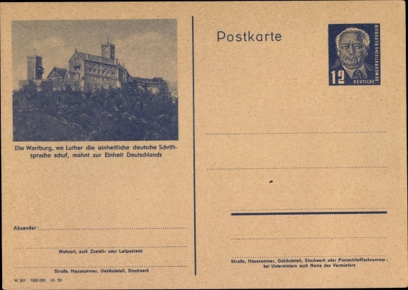 Postwaardestuk ansichtkaart Lutherstadt Eisenach, De Wartburg waarschuwt voor de eenheid van Duitsland