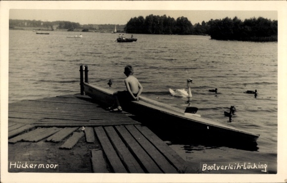 Foto Ak Hücker Aschen Spenge in Westfalen, Hücker Moor, Bootverleih Lückung, Kanu, Junge, Schwan