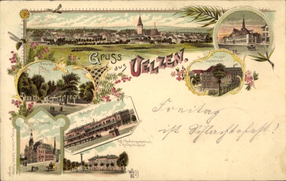 Chromo-Litho Uelzen in Lower Saxony, total view, Fischerhof, train station, post office, town hall, high school