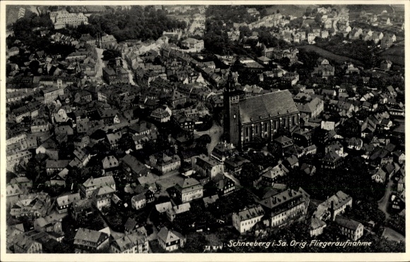 Postcard Schneeberg in the Erzgebirge, aerial photo
