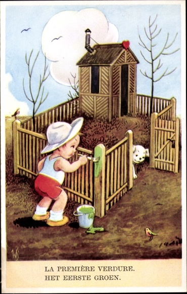 Artist PC Scheuermann, Willi, boy paints the garden fence green