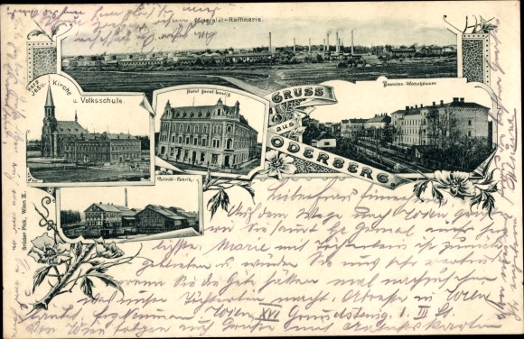 Postcard Bohumín Oderberg Region Moravian Silesia, officials&#39; residences, mineral oil refinery, school