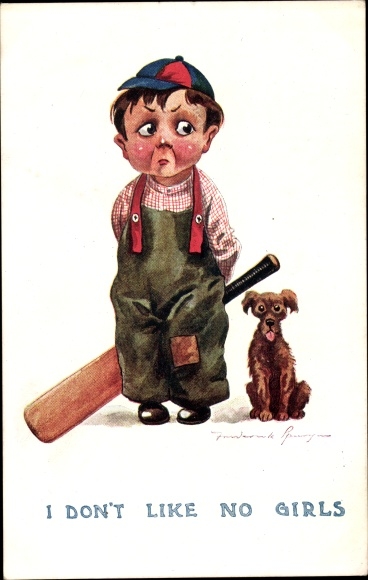 Artist Postcard Boy with a bat, I don&#39;t like no girls, dog