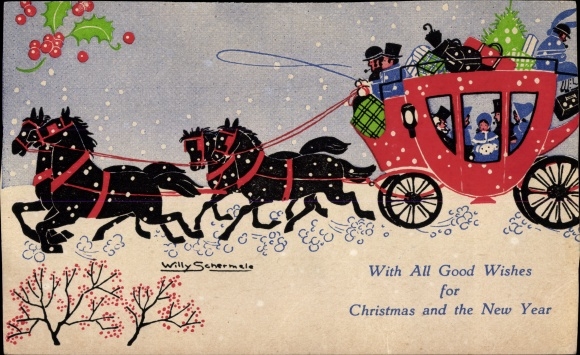 Artist PC Schermele, Willy, congratulations Christmas and New Year, carriage, gifts