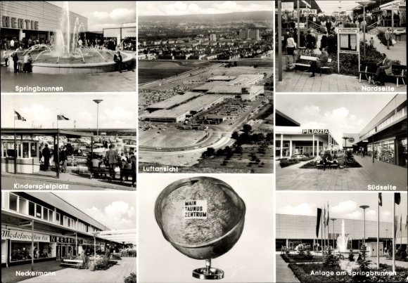 Postcard Sulzbach, Main-Taunus-Zentrum, playground, Neckermann, fountain, north side, south side