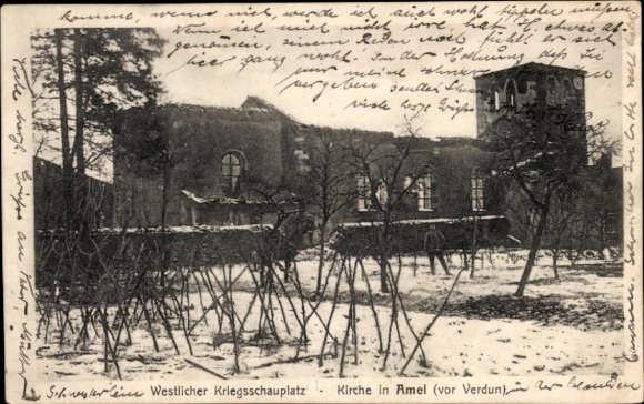 Postcard Amel sur l'Etang, church, war damage, western theater of war