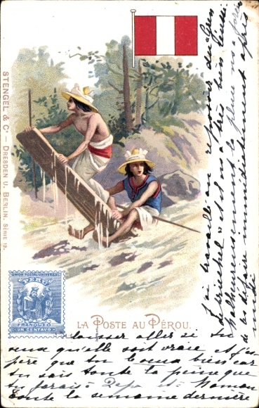 Postzegels litho Post in Peru, rivier, vlot, vlag
