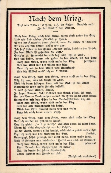 Song Postcard After the War, lyrics by Albert Scheu, soldier's song, World War I