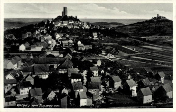 Postcard Vetzberg Biebertal in Hesse, aerial photograph, castle ruins, view of houses