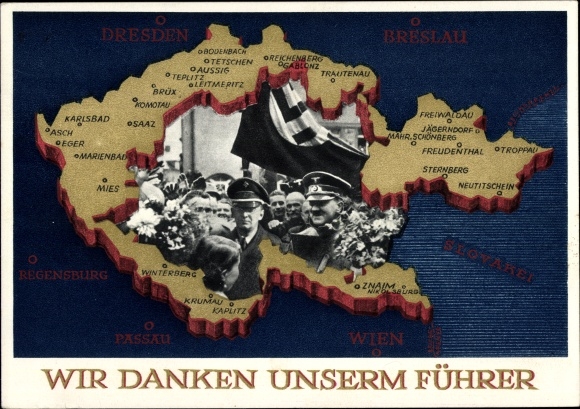 Postal stationery Postcard We thank our leader, Sudetenland, Bohemia, Moravia, Hitler