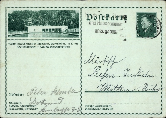 Postal stationery PC Darmstadt, university stadium, swimming pool, World Student Championships 1930