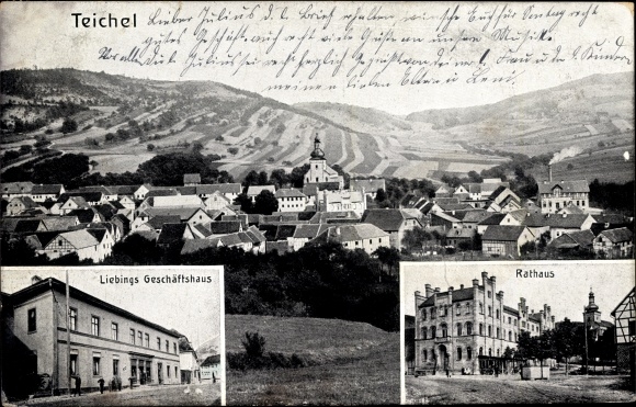 Ak Remda Teichel in Thüringen, Panorama von Ort und Umgebung, Liebings Geschäftshaus, Rathaus