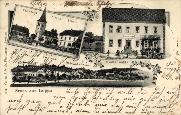 Ak Luppa Wermsdorf in Sachsen, Pfarrhaus, Kirche, Schule, Gasthof, Gruss aus Luppa