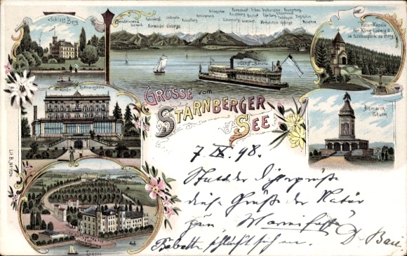 Chromo-Litho Berg on Lake Starnberg in Upper Bavaria, Bismarck Tower, Salon Steamer, Leoni, Votive Chapel