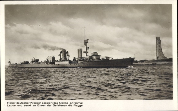 Postcard Naval Memorial Laboe, German Warship, Karlsruhe, Cruiser, Lowered Flag