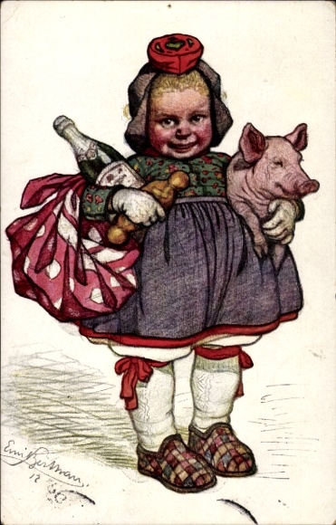 Artist Postcard Beithan, Emil, Happy New Year, girl in Hessian costume, pig, champagne