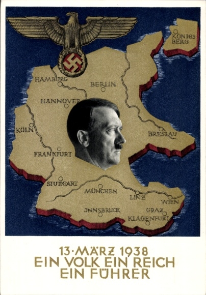 Artist Postcard Klein, One people, one empire, one leader, Anschluss of Austria 1938, Greater Germany