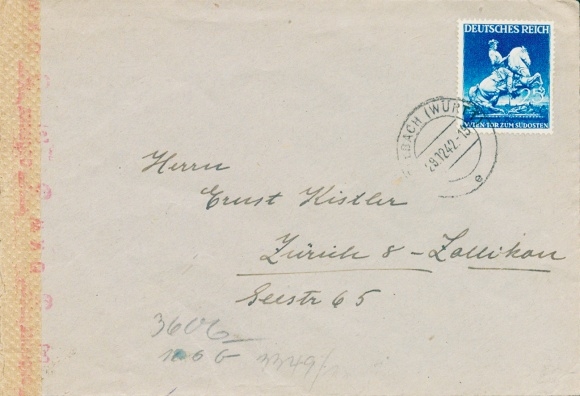 Michel 771 on foreign letter Fellbach to Zurich 29.12.1942