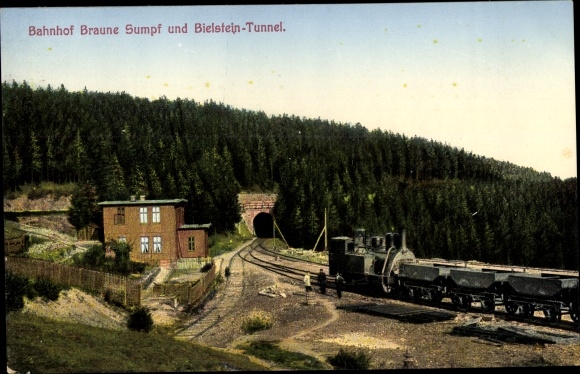 Postcard Blankenburg am Harz, Braune Sumpf station and Bielstein tunnel, Harz cog railway