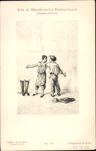 Kunstenaar Postkaart Hendschel, Albert, Balgende Buben
