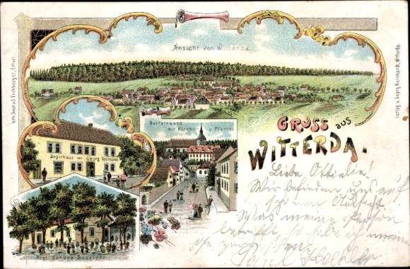Litho Witterda in Thüringen, Dorfstraße, Kirche, Pfarre, Gasthaus