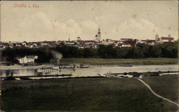 Postcard Strehla on the Elbe Saxony, general view, steamer