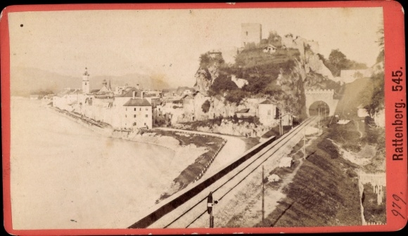 CdV Rattenberg in Tirol, town view, railway tracks