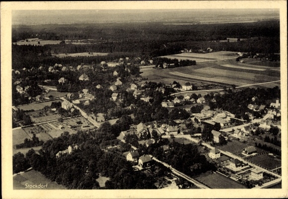 Postcard Stockdorf Gauting in Upper Bavaria, aerial view of residential buildings, fields, forest
